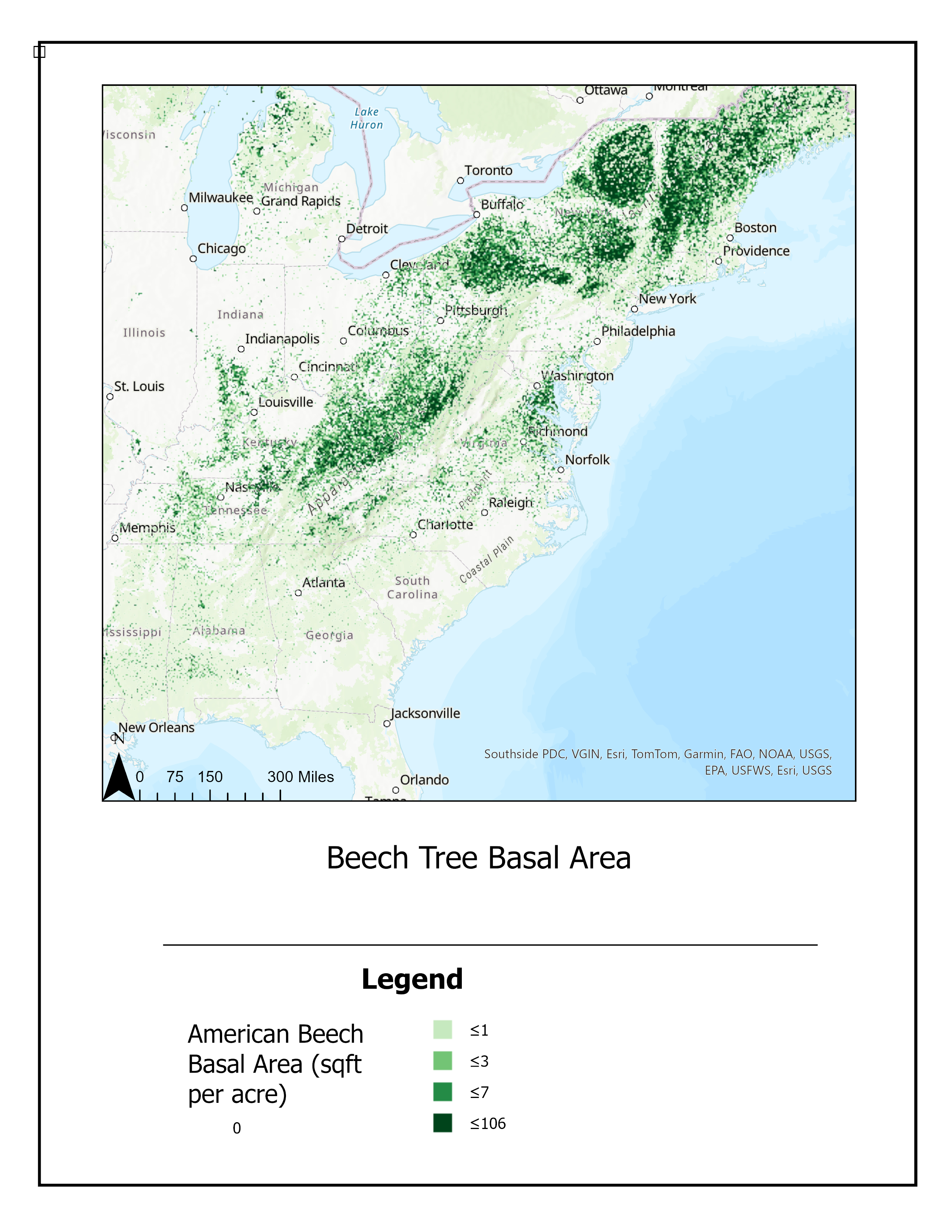Map showing locations where beech is the dominant nut-bearing tree.